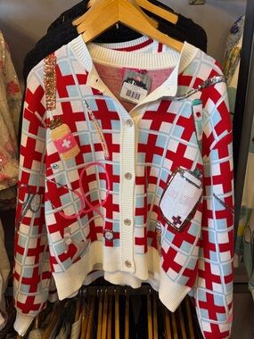 QUEEN OF SPARKLES Red, White & Light Blue Medical Supply Cardigan